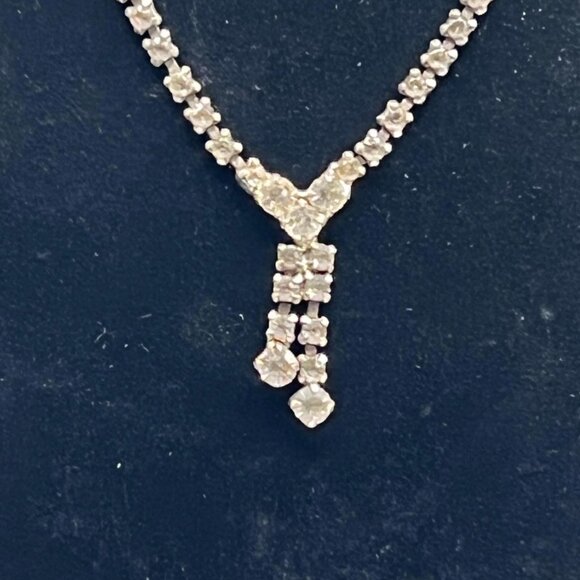 Vintage 1950s Clear Glass Rhinestone drop Necklace 16” Evening Wedding Jewelry - Picture 2 of 6